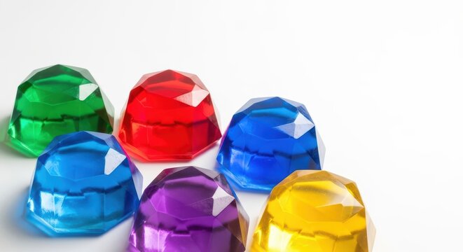Colorful faceted gemstones arranged on white background - Powered by Adobe