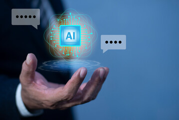 Businessmen hold chipset ai global data network connect, learning technology artificial intelligence, AI, Chat with artificial intelligence on a virtual screen.