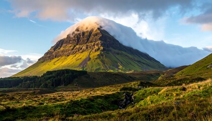 Majestic mountain shrouded in clouds, verdant slopes cascade to a grassy valley under a serene blue sky