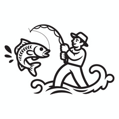 Vintage Fisherman and Jumping Fish Vector – Outdoor Fishing Badge Design