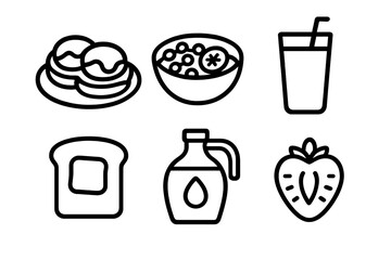 Minimalist outline icons set of popular breakfast foods and morning beverages