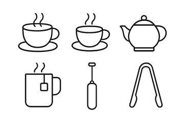 Minimalist outline icons set for coffee, tea, and hot beverage serving accessories