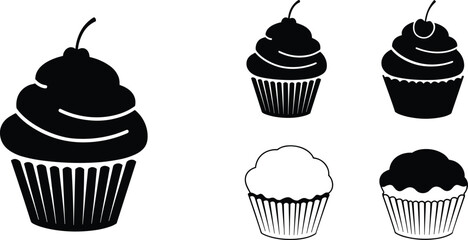 Black and white cupcake drawing, dessert sketch, bakery illustration, sweet treat art, cupcake outline, frosting decoration, pastry doodle, food graphic design