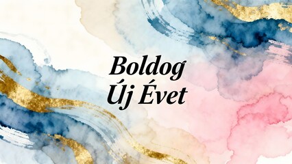 A serene "Boldog Új Évet" greeting in watercolor style, perfect for evoking a calm and creative vibe during the New Year celebrations.