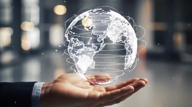 Hand holding a glowing digital globe with global network connections - Powered by Adobe