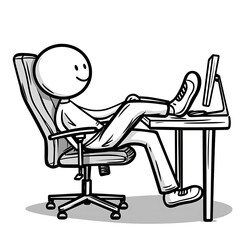 Content Stick Figure Character Relaxing with Feet Up on Desk and Computer Monitor