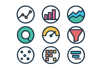 Collection of nine circular icons for data charts, graphs, analytics, and business intelligence tools