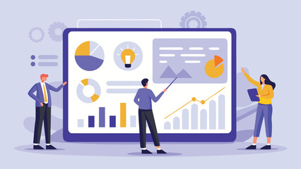 Fototapeta premium Diverse team of professionals collaborating and discussing business performance metrics in a modern office setting illustrating teamwork and strategic planning for growth