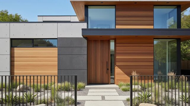 Contemporary Residential Building Architecture with Natural Wood Cladding Panels and Modern Blue Window Design Exterior