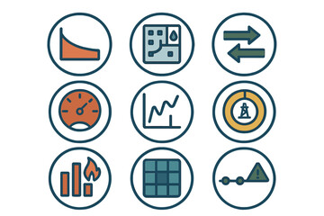 Colorful icons for data analysis, energy metrics, industrial performance dashboards and reports