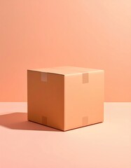 Cardboard cube box centered, peachy color background