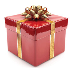 Shiny red gift box with elegant golden ribbon and bow, isolated on a clean white background, featuring glossy wrapping, festive holiday design, and high-quality studio lighting for celebration themes.