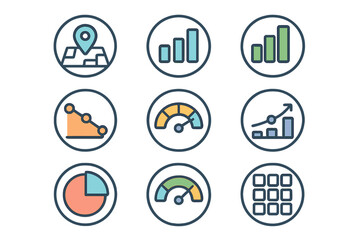 Colorful business data analytics set with charts, graphs, location, and gauges