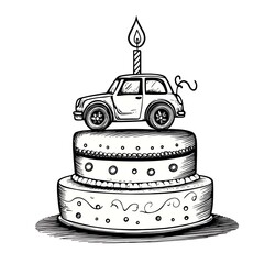 Hand Sketched Two Tier Birthday Cake Topped with a Vintage Car and Lit Candle Decoration