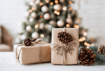 Christmas gift pinecone rustic wrap festive cozy mood