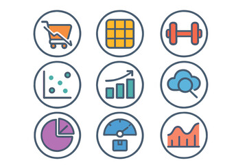 Colorful icons representing business data analysis, finance, and fitness equipment