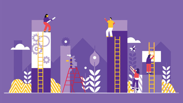 Diverse business team collaborates to climb ladders symbolizing teamwork career growth and achieving success together in a corporate environment