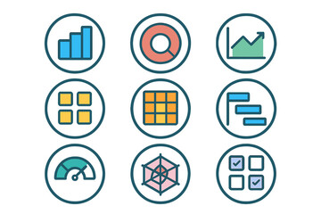 Colorful data analysis and business management icons for dashboard interfaces