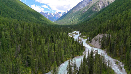 The Shavla River in the Altai Mountains in summer, as seen from a drone