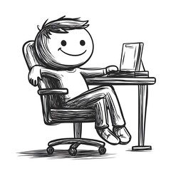 Happy cartoon person uses a laptop computer at a work desk while sitting casually in an office chair