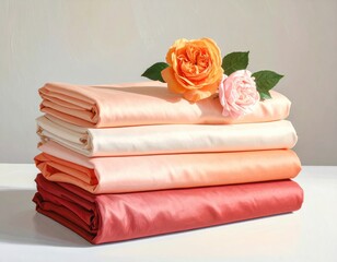 Folded fabric stack, flowers on top. Peach to red hues