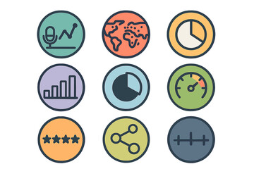 Colorful business and data analysis icons set with charts, world map, rating, and speedometer symbols