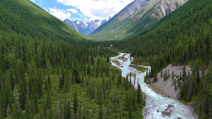 The Shavla River in the Altai Mountains in summer, as seen from a drone