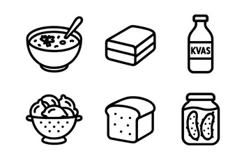 Traditional Eastern European cuisine icons featuring soup, bread, kvas, and pickled vegetables