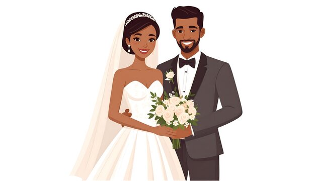 Illustration dark-skinned bride in white gown and groom in gray suit holding flowers, both smiling on white