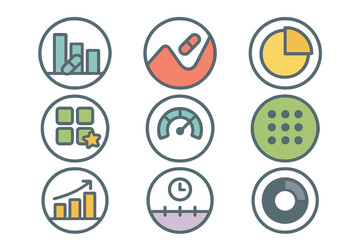 Nine business and data analysis icons featuring charts, graphs, speedometer, and application menu symbols