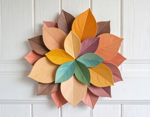 Colorful layered paper leaves form a radial arrangement