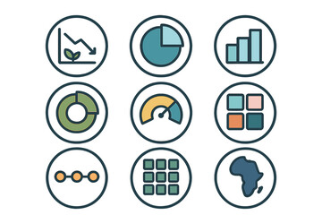 Set of business data visualization icons featuring charts, graphs, gauges, and map elements for interface design