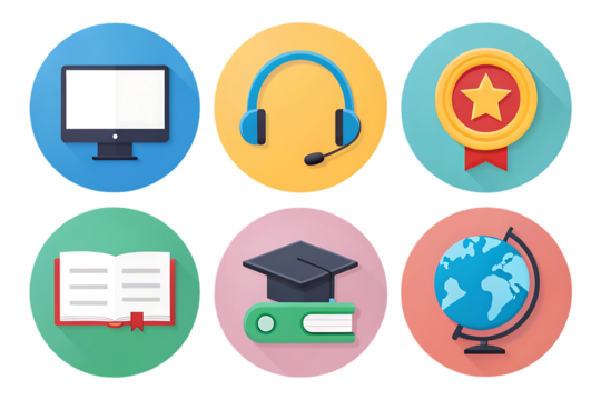 Colorful education icons set with computer, headset, award, book, graduation cap and globe isolated on transparent background