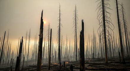 Devastated Forest Landscape After Wildfire with Silhouetted Burnt Trees and Smokey Hazy Sky at Sunset Symbolizing Destruction and Renewal