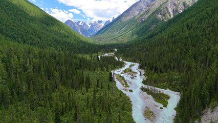 The Shavla River in the Altai Mountains in summer, as seen from a drone