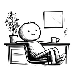 Happy doodle person enjoying a relaxing coffee break while comfortably leaning back in an office chair