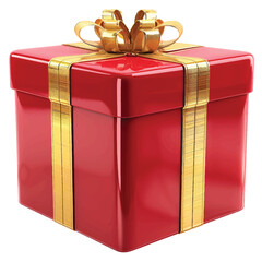 Shiny red gift box with elegant golden ribbon and bow, isolated on a clean white background, featuring glossy wrapping, festive holiday design, and high-quality studio lighting for celebration themes.