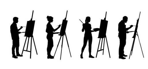 Set of artists silhouettes painting on easel - vector illustration 
