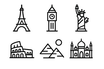 Famous global travel landmarks and monuments outline symbols collection