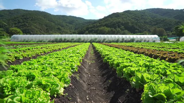 Lush green fields of lettuce extend toward a long greenhouse and rolling hills.
