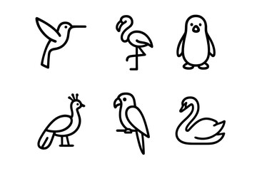 Minimalist black outline icons featuring exotic birds like flamingo, penguin, swan, and hummingbird © PAPA STOCK