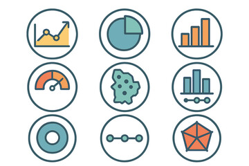Line graphs, bar charts, pie charts, and performance gauges for data visualization dashboards
