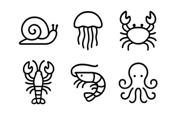 Minimalist black outline icons of aquatic creatures and garden snail