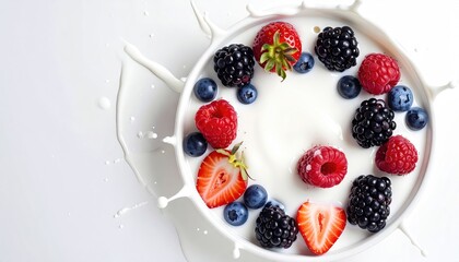 Berries in creamy liquid, splashes. Fresh, bright