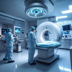 Operation room with doctor and patient by MRI scan