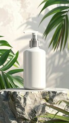 White pump bottle on stone, leafy background, sunlight
