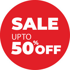 Red circular sale sticker with bold white text offering up to 50% discount