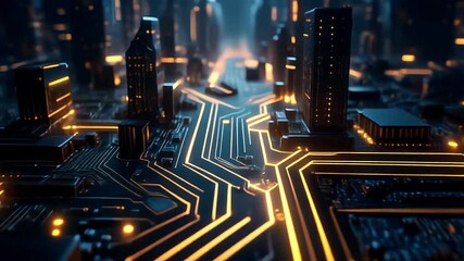 Cyber City Circuitry: A captivating view of a futuristic cityscape, where towering skyscrapers rise from a complex electronic circuit board, embodying technological progress. - Powered by Adobe