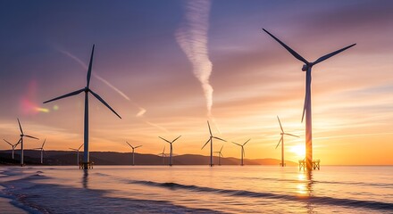 Offshore wind turbines generate clean energy at sunset with dramatic sky over ocean waves