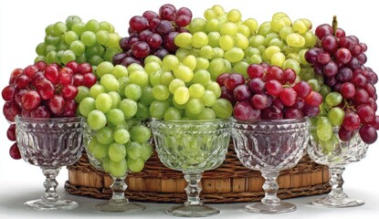 Colorful assorted grapes overflowing five crystal bowls set on a woven basket